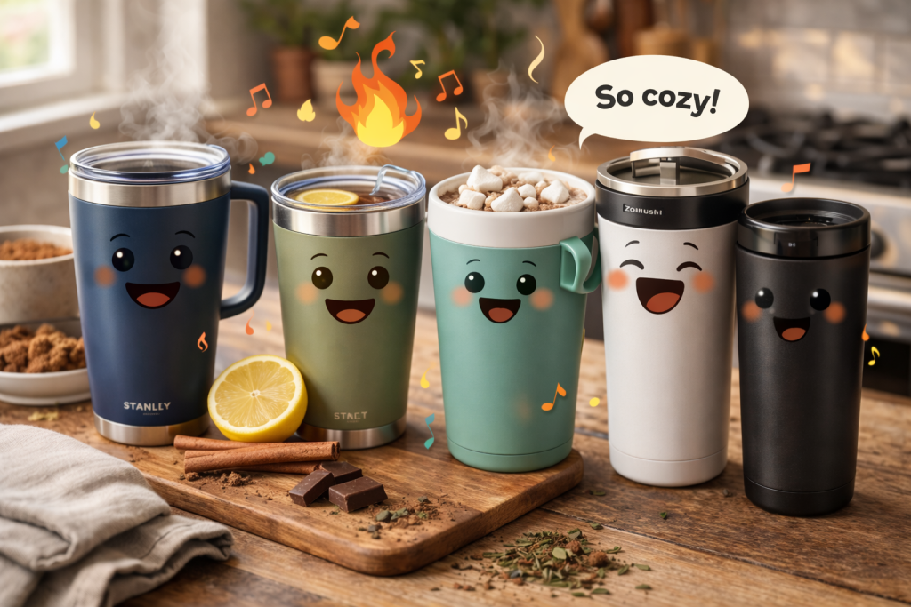 Five insulated tumblers filled with hot coffee on a cozy kitchen counter, showing steam rising from different lid styles to compare heat retention for hot drinks.