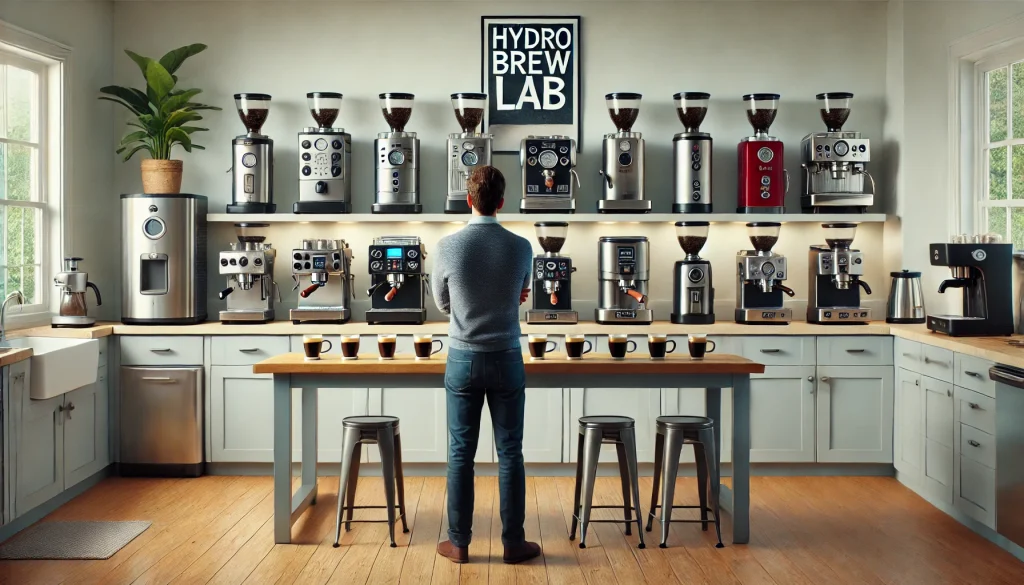 Home barista standing in a modern kitchen with multiple espresso machines under $500 lined up on a counter, comparing coffee brews.